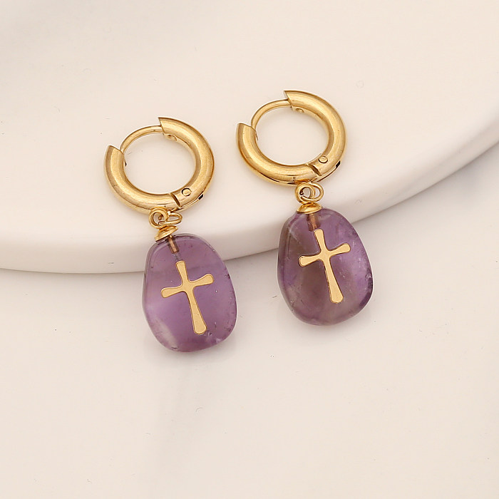 1 Pair Retro Cross Stainless Steel  Natural Stone Inlaid Gold Drop Earrings