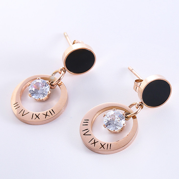 1 Pair Commute Shiny Circle Roman Numeral Plating Inlay Stainless Steel  Zircon 18K Gold Plated Rose Gold Plated Drop Earrings
