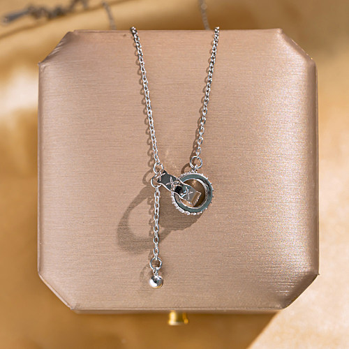 Collier pendentif Double anneau de Style coréen, doux et brillant, incrustation de placage en acier inoxydable, Zircon plaqué argent