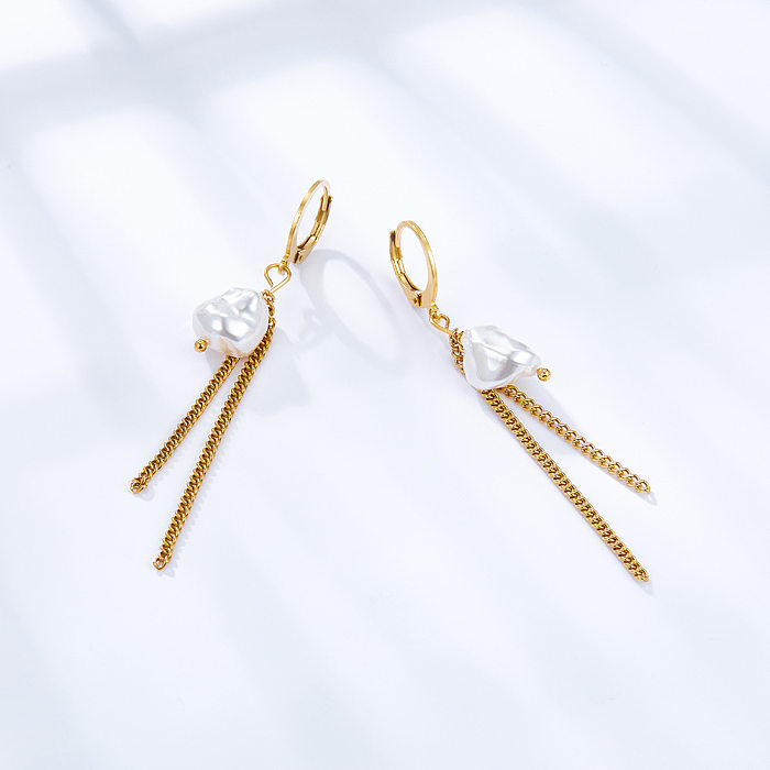 1 Pair Elegant Lemon Tassel Inlay Stainless Steel  Artificial Pearls Drop Earrings