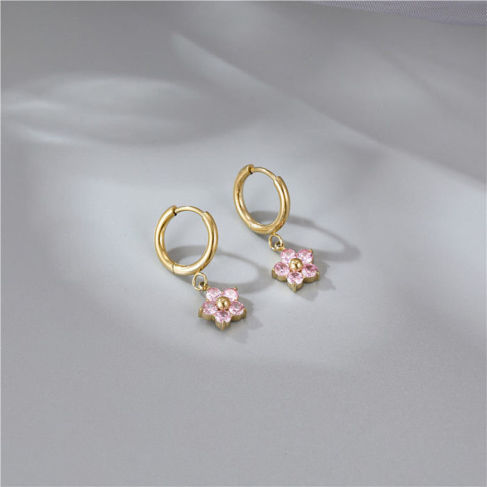 Pendientes colgantes de diamantes artificiales con incrustaciones de acero inoxidable con flores a la moda, 1 par