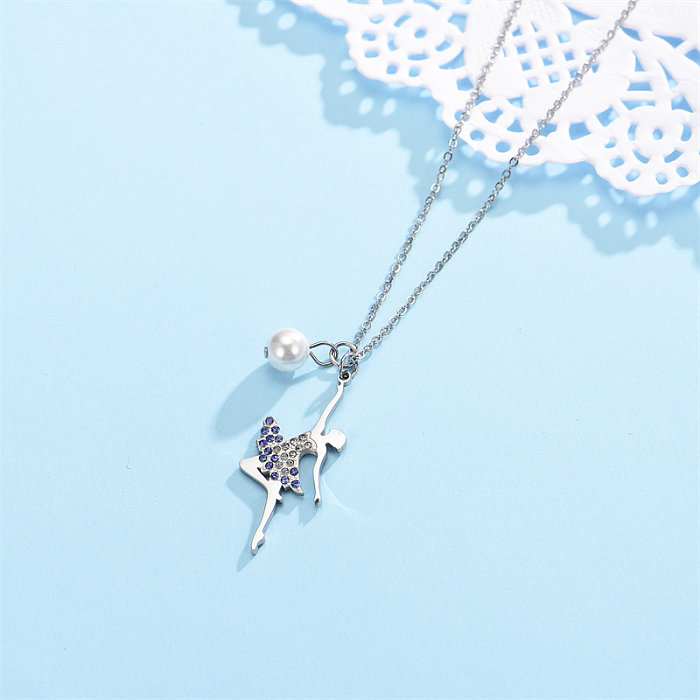Simple Style Ballet Girl Stainless Steel  Imitation Pearl Inlay Zircon Pendant Necklace Necklace