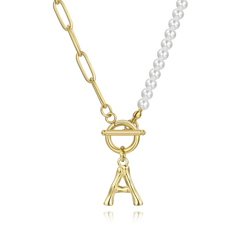 Schlichter Stil, klassischer Stil, Buchstaben-Perlen-Edelstahl-Perlenbeschichtung, 14-karätig vergoldete Halskette