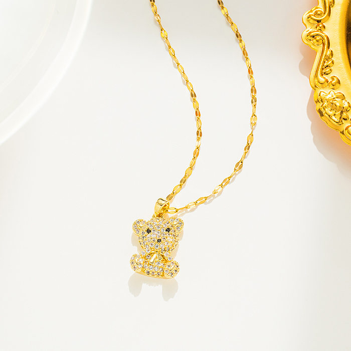 Cute Simple Style Bear Stainless Steel Inlay Zircon Pendant Necklace