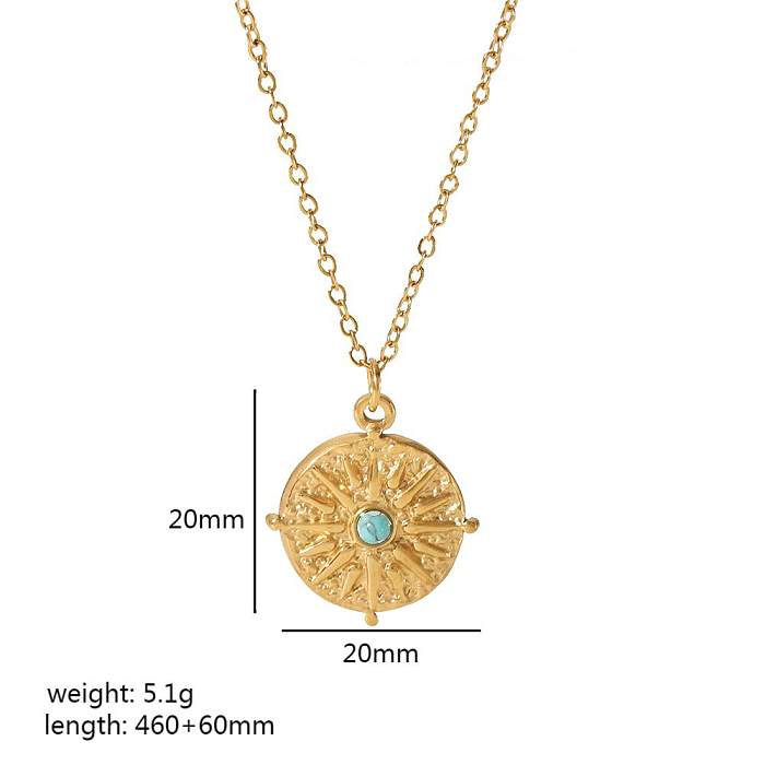 Retro Circle Stainless Steel  Polishing Plating Inlay Natural Stone 18K Gold Plated Pendant Necklace