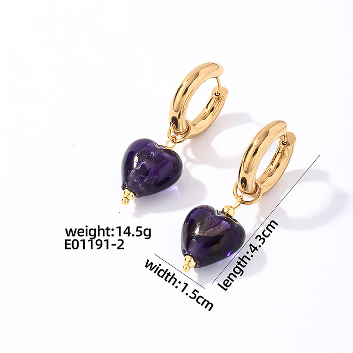 1 paire de boucles d'oreilles pendantes plaquées or, Style Simple, en forme de cœur, en acier inoxydable, pierre naturelle