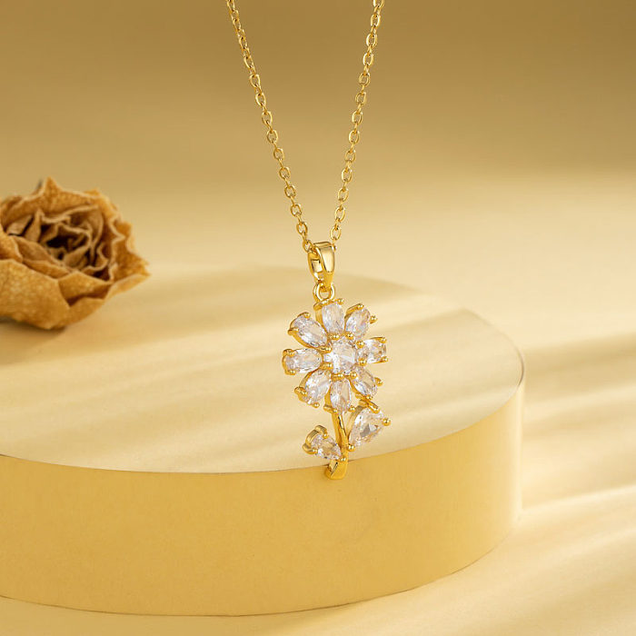 Casual elegante cruz forma de coração flor aço inoxidável chapeamento incrustação zircão 18k banhado a ouro pingente colar