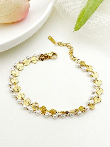 Bracelets plaqués or avec perles artificielles en acier inoxydable, feuille de Ginkgo élégante