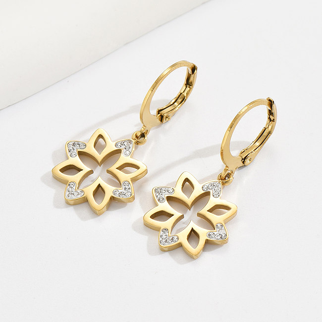 1 Pair French Style Flower Stainless Steel  Plating Hollow Out Inlay Artificial Rhinestones 14K Gold Plated Drop Earrings