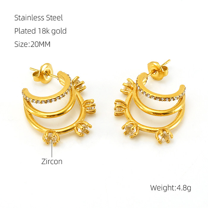 1 Pair Elegant C Shape Solid Color Polishing Plating Inlay Stainless Steel  Zircon 18K Gold Plated Ear Studs