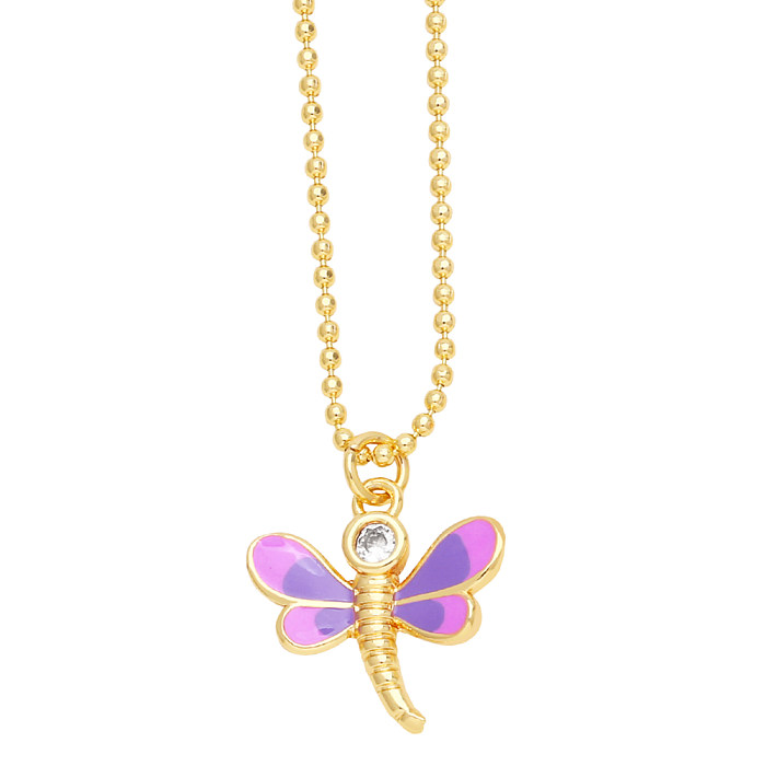 Modern Style Dragonfly Stainless Steel  Copper Enamel Plating 18K Gold Plated Pendant Necklace