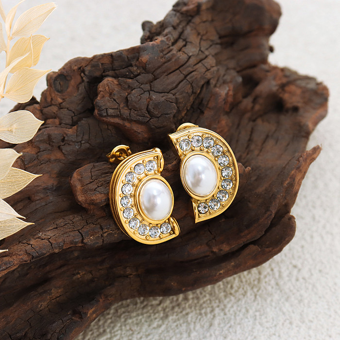 1 paire de style vintage style baroque incrustation de placage en demi-cercle en acier inoxydable perles artificielles diamant artificiel clous d'oreilles plaqués or 18 carats