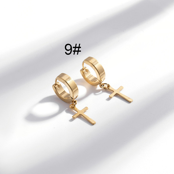 1 paire de boucles d'oreilles hip-hop géométriques en forme de croix et de plumes en acier inoxydable plaqué or 18 carats