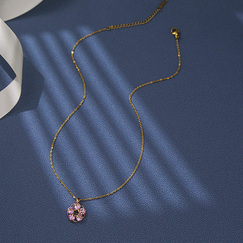 Casual Sweet Flower Stainless Steel Copper Plating Inlay Zircon Pendant Necklace