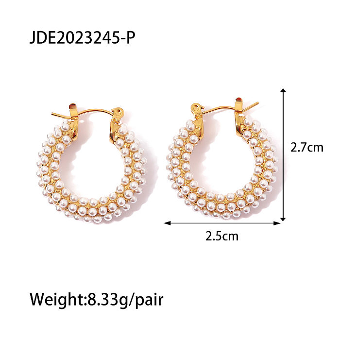 Fashion U Shape Stainless Steel  Inlay Pearl Hoop Earrings 1 Pair