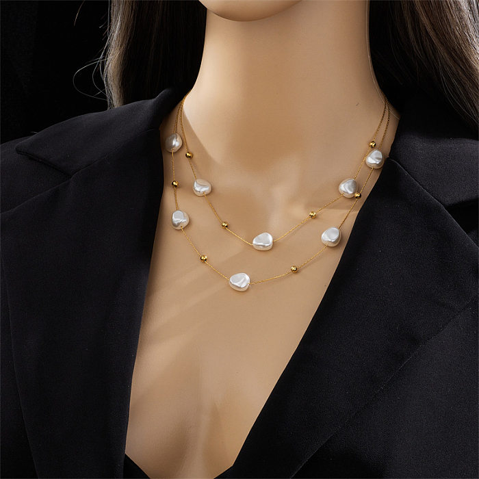 Lässige, unregelmäßige, 18 Karat vergoldete, geschichtete Halsketten aus Edelstahl mit Perlenbeschichtung im INS-Stil