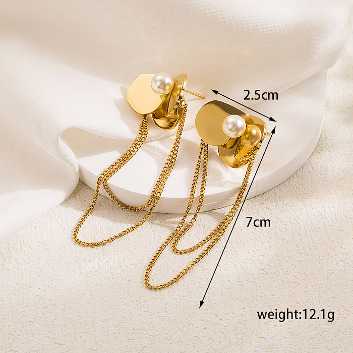 1 Pair Elegant Luxurious Irregular Round Solid Color Plating Chain Inlay Stainless Steel  Artificial Pearls 18K Gold Plated Drop Earrings