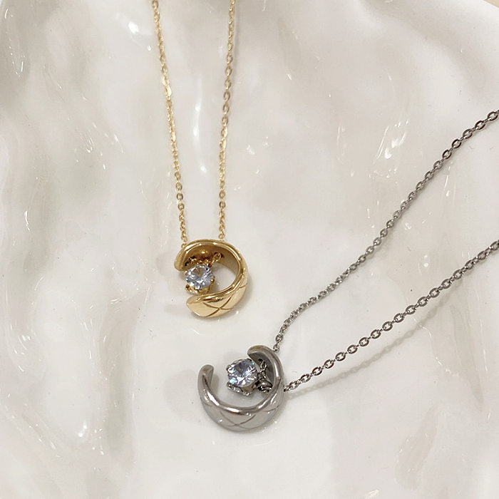 Elegant C Shape Stainless Steel Plating Inlay Artificial Gemstones Pendant Necklace