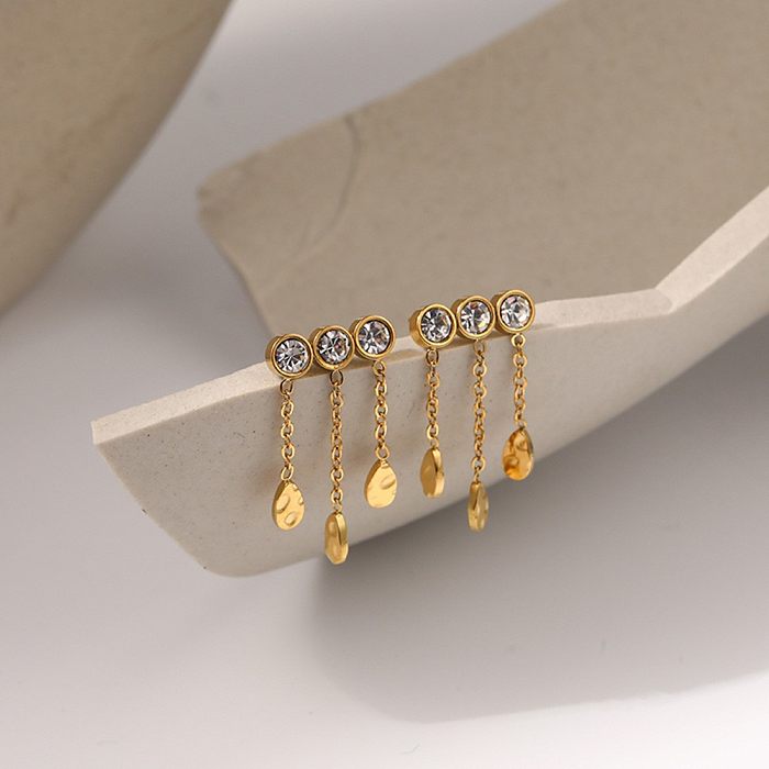 1 Paar elegante Wassertropfen-Ohrringe im IG-Stil mit Quasten-Beschichtung, Inlay aus Edelstahl, Zirkon, 18 Karat vergoldet