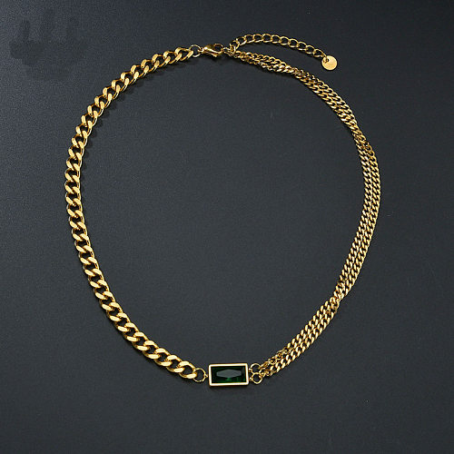 Modische Retro-Halskette aus Edelstahl mit eingelegtem grünen Diamanten, dicker Kette, Schlüsselbeinkette