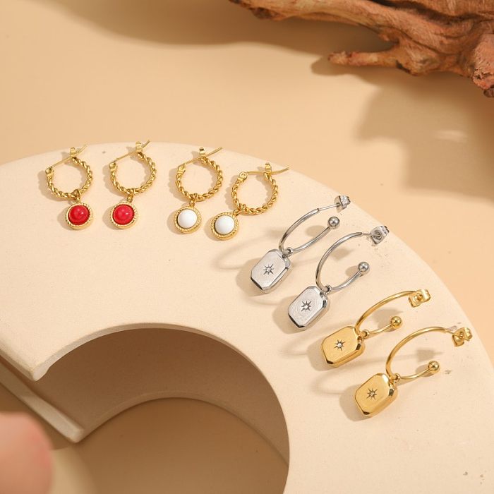 1 Paar moderne Hexagramm-Ohrringe mit runder Beschichtung aus Edelstahl mit künstlichen Edelsteinen, 14 Karat vergoldet, Weißgold plattiert