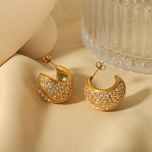 1 Pair IG Style Nordic Style African Style Solid Color Plating Inlay Stainless Steel  Rhinestones 18K Gold Plated Hoop Earrings
