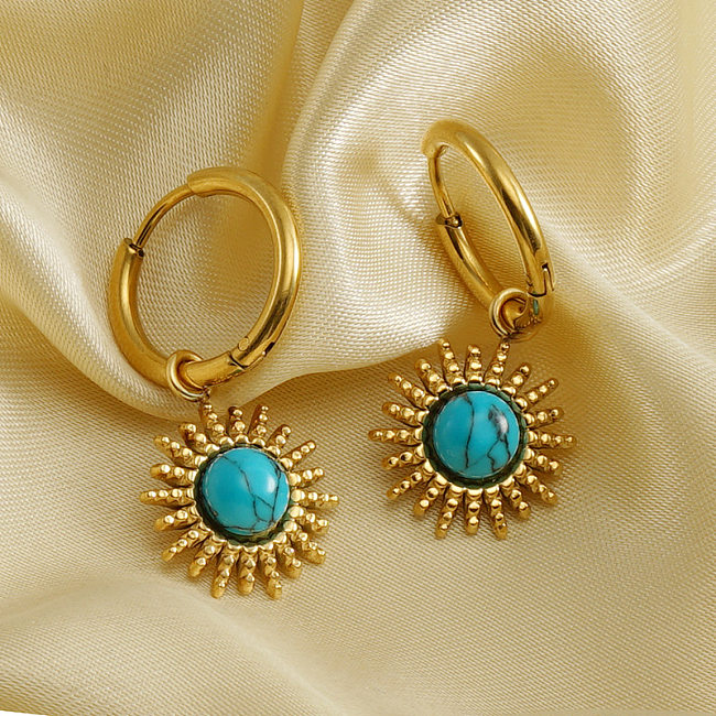 Boucles d'oreilles turquoise en acier inoxydable plaqué or, impression de mode rétro, 1 paire