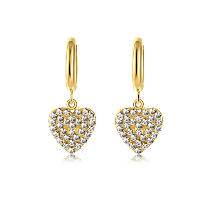 Pendientes colgantes de diamantes de imitación con incrustaciones de acero inoxidable en forma de corazón de estilo simple 1 par