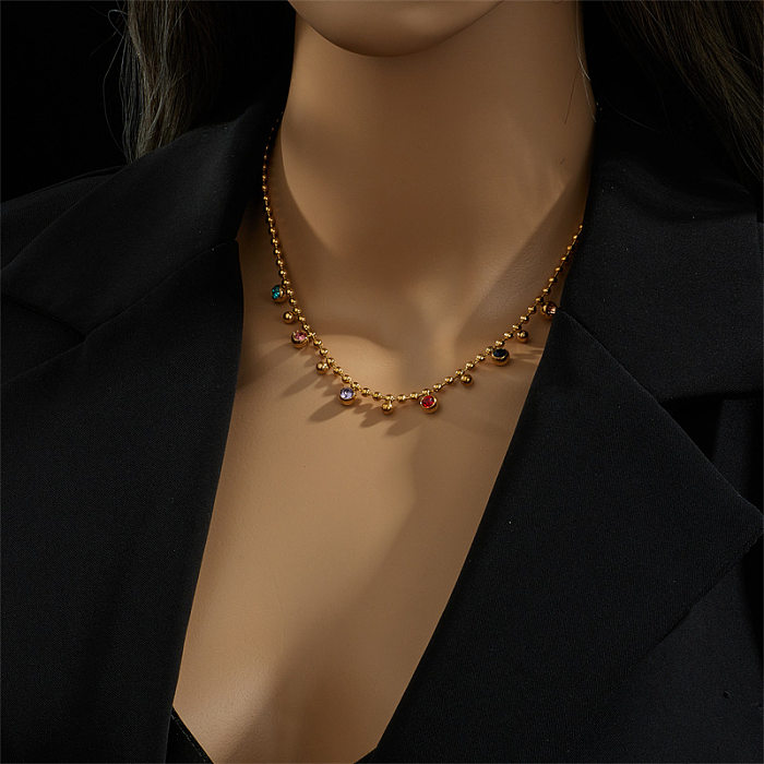 Lässige, schlichte Halskette mit runder Edelstahlbeschichtung und künstlichen Strasssteinen, 18 Karat vergoldet