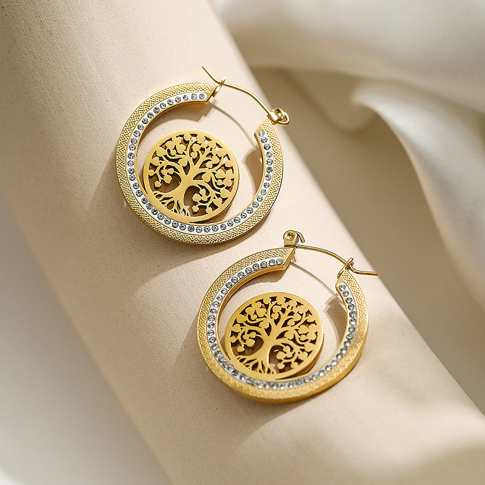 1 Pair Simple Style Classic Style Tree Plating Inlay Stainless Steel Zircon 18K Gold Plated Earrings
