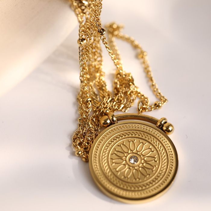 Retro Round Coin Compass Stainless Steel  Inlay Zircon 18K Gold Plated Pendant Necklace