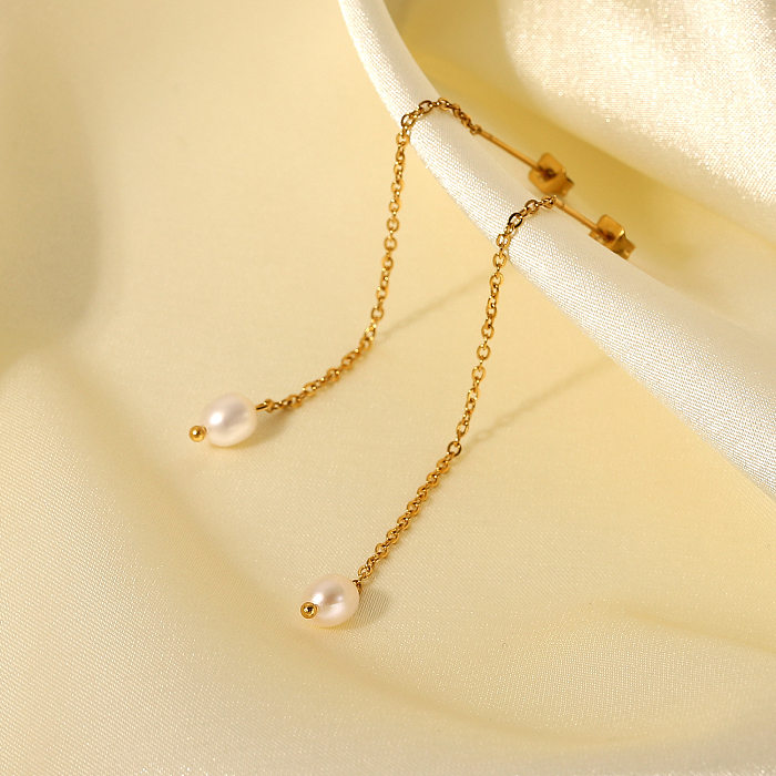 Modische Ohrringe mit Perlenanhänger und langem Gewinde aus 18-karätigem Gold aus Edelstahl