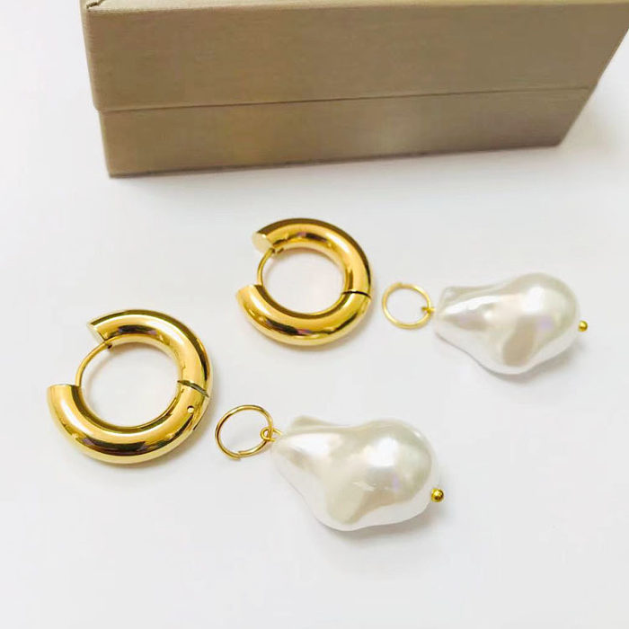 Modische geometrische Edelstahl-Tropfenohrringe mit vergoldeten künstlichen Perlen, 1 Paar