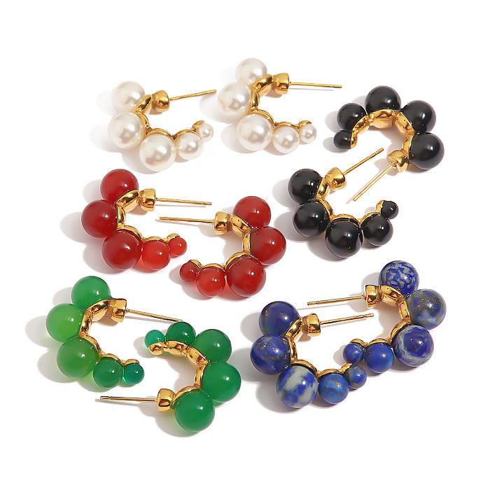 Fashion Round Stainless Steel  Stainless Steel Gold Plated Inlay Artificial Gemstones Ear Studs 1 Pair