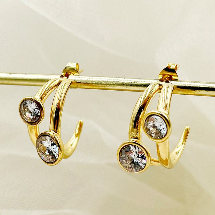 1 Pair Luxurious C Shape Round Stainless Steel  Plating Inlay Zircon 18K Gold Plated Ear Studs