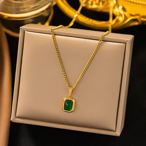 Elegant Square Stainless Steel Inlay Zircon Pendant Necklace