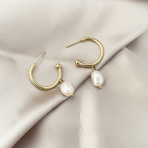 1 paire de boucles d'oreilles rondes en acier inoxydable, Style Simple et doux, plaqué or 14 carats, perles d'eau douce