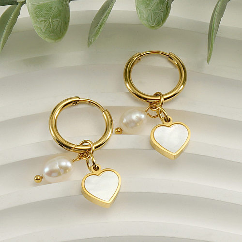 Boucles d'oreilles pendantes en forme de cœur en acier inoxydable plaqué perles, 1 paire