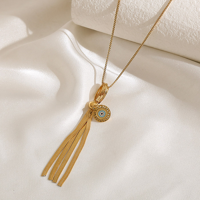 Elegant Luxurious Devil'S Eye Sector Tassel Stainless Steel Plating Inlay Turquoise Gold Plated Pendant Necklace