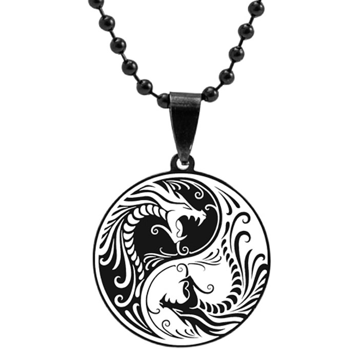 Moda árvore flor dragão phoenix totem branco preto grânulo colar de aço inoxidável