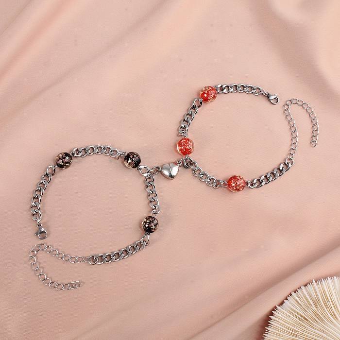 Bracelet de Couple avec perles lumineuses simples, chaîne en acier inoxydable, aimant en forme de cœur