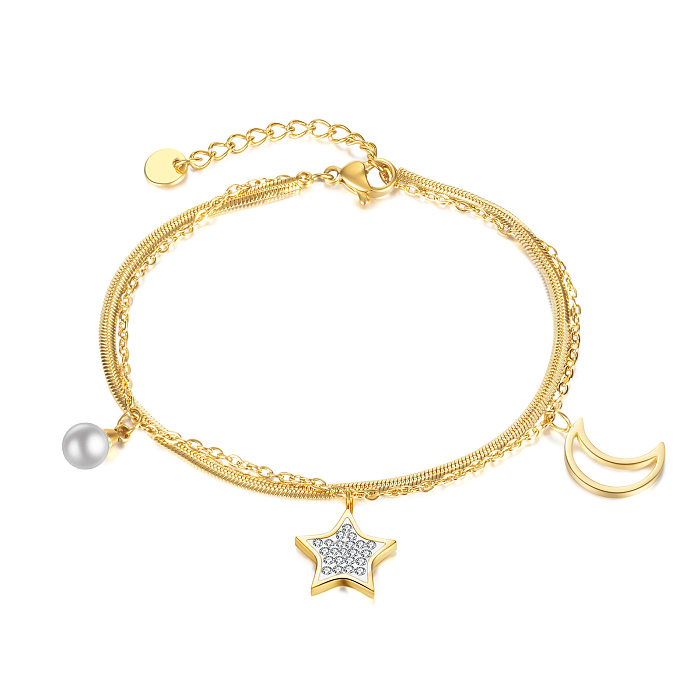 Bracelets de perles artificielles en acier inoxydable Sweet Star Moon Bracelets en acier inoxydable Zircon en couches