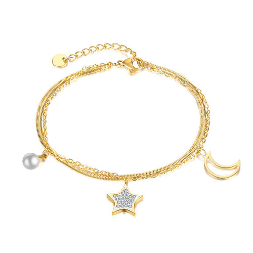 Sweet Star Moon Stainless Steel Artificial Pearl Bracelets Layered Zircon Stainless Steel Bracelets