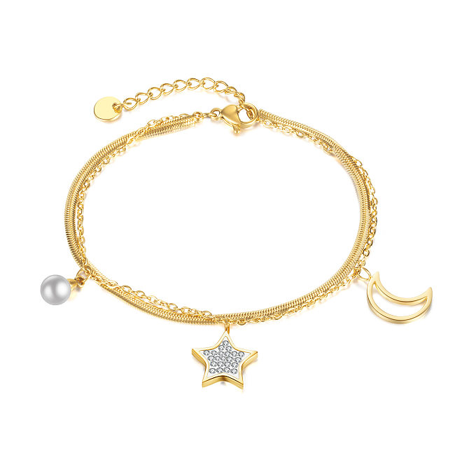 Sweet Star Moon Stainless Steel Artificial Pearl Bracelets Layered Zircon Stainless Steel Bracelets