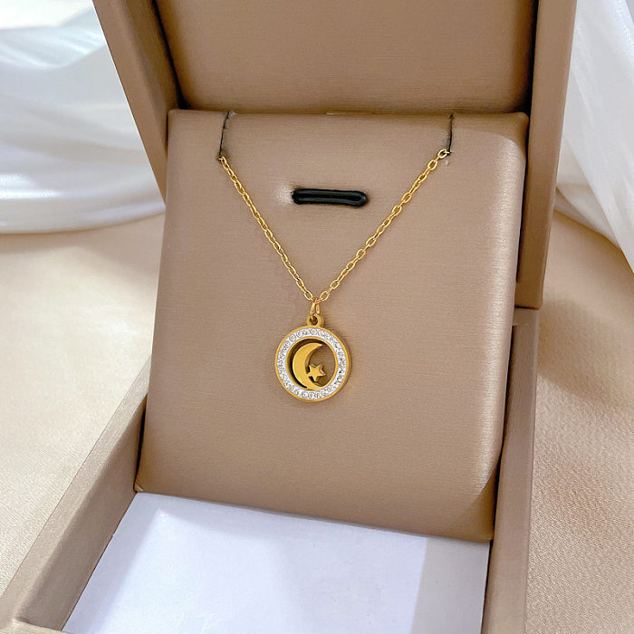 Simple Style Classic Style Moon Stainless Steel Plating Inlay Artificial Gemstones Gold Plated Pendant Necklace