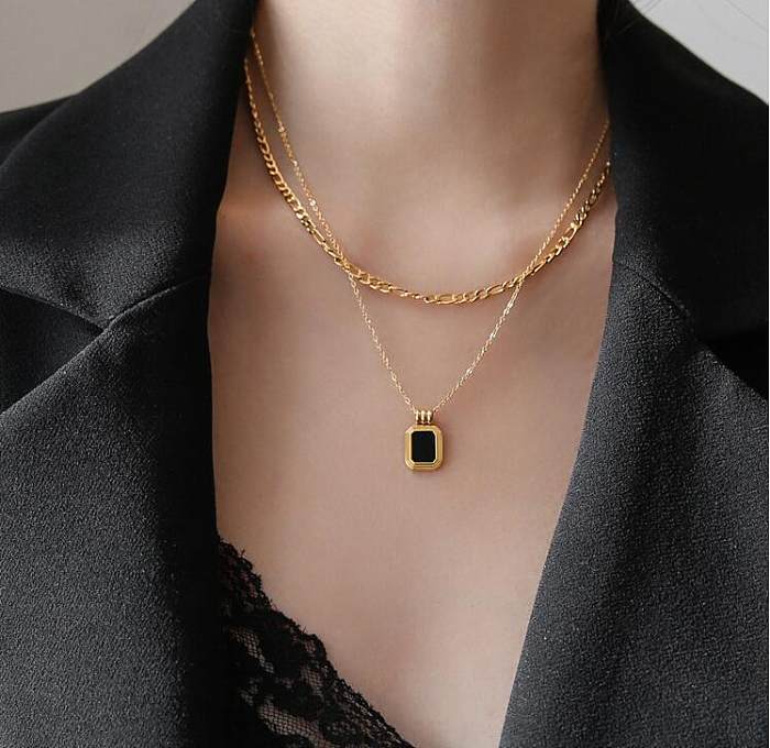 Fashion Black Square Double Layered Stainless Steel Necklace Wholesale
