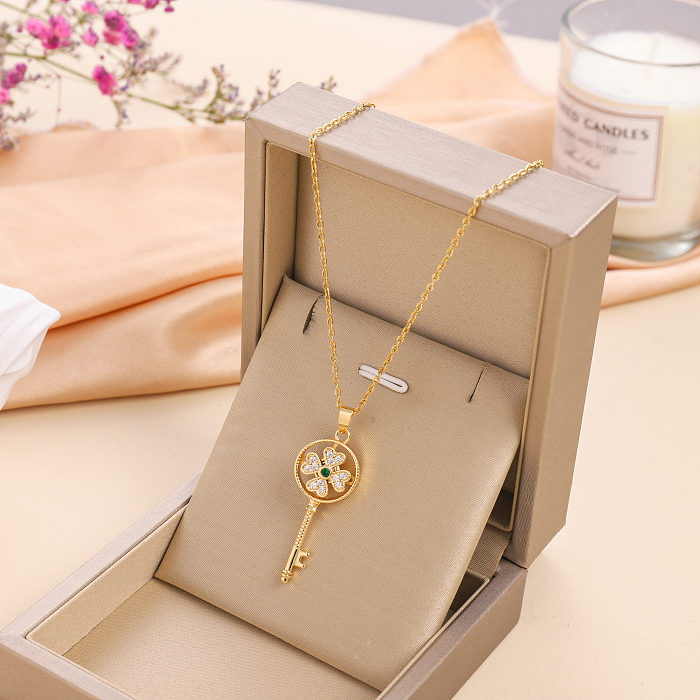 Retro Streetwear Key Stainless Steel  Plating Inlay Zircon 18K Gold Plated Pendant Necklace