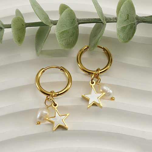 Boucles d'oreilles pendantes en forme d'étoile de mode, incrustation de perles en acier inoxydable, 1 paire