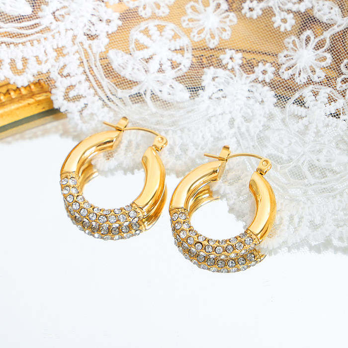 Boucles d'oreilles plaquées or 1 carats, 18 paire, Style Simple, cercle brillant, incrustation de strass en acier inoxydable