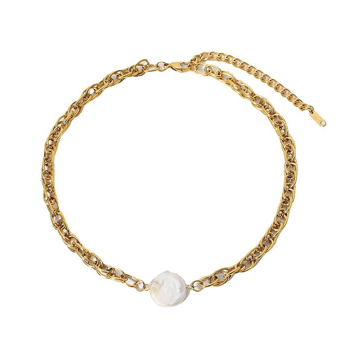 Fashion Gold-plated Stainless Steel  Thick Chain Pearl Necklace